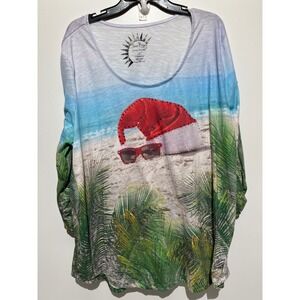 Sun Bay Sunny Day Tech Women 2X Tropical Christmas Beach Santa Long Sleeve Top‎